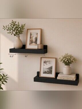2 Black wood floating shelves nib picture ledge style, featuring a distinct fron